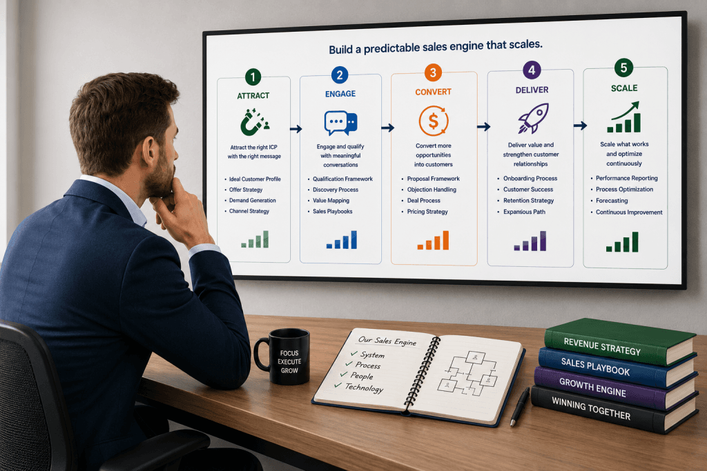 A five-stage sales engine on a wall screen — attract, engage, convert, deliver, scale — with a notebook and books on the desk below