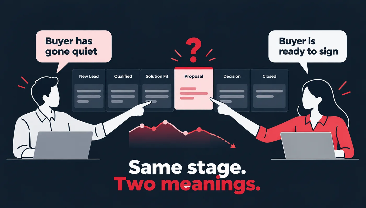 Same stage, two meanings: two reps point at the Proposal stage of the same pipeline; one says the buyer has gone quiet, the other says the buyer is ready to sign