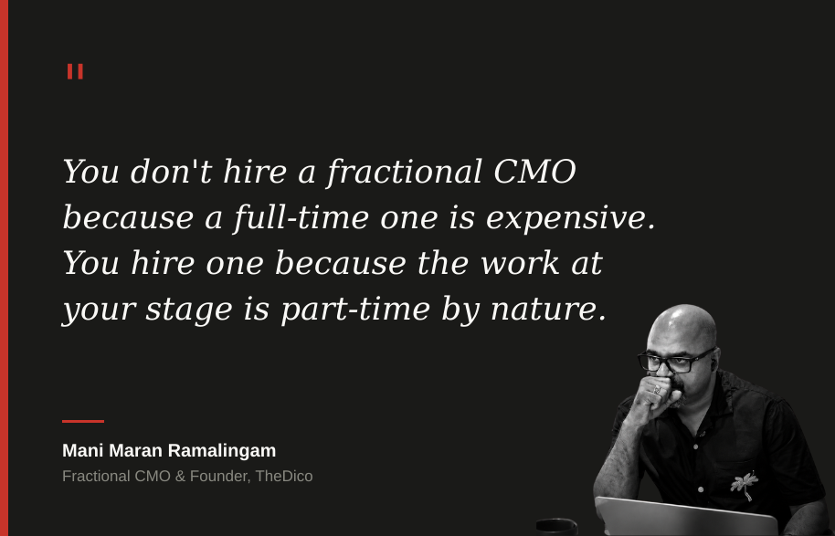 Quote from Mani Maran Ramalingam: you hire a fractional CMO because the work at your stage is part-time by nature, not because a full-time one is expensive