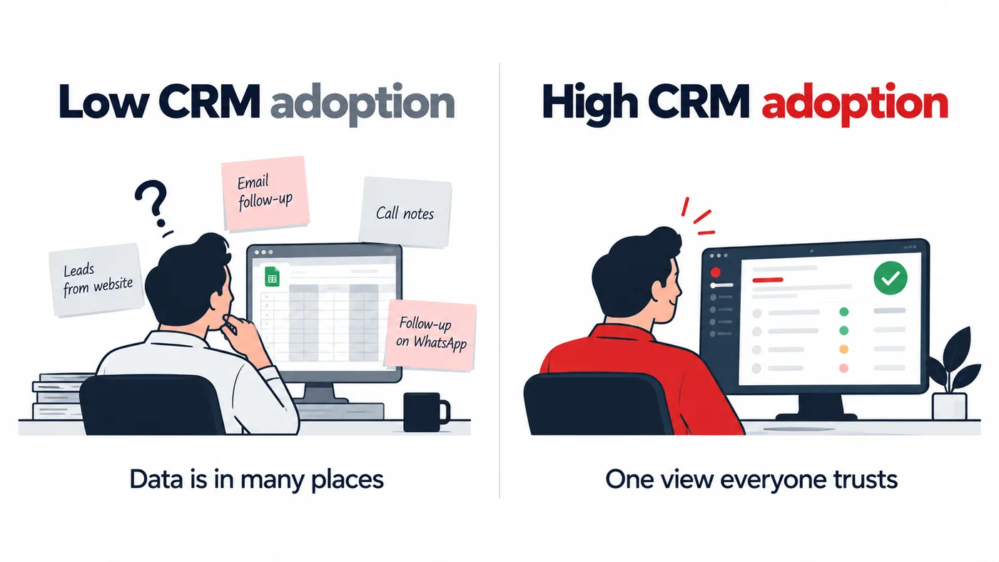 Low CRM adoption: data is in many places, with leads, call notes and follow-ups on sticky notes and spreadsheets. High CRM adoption: one view everyone trusts