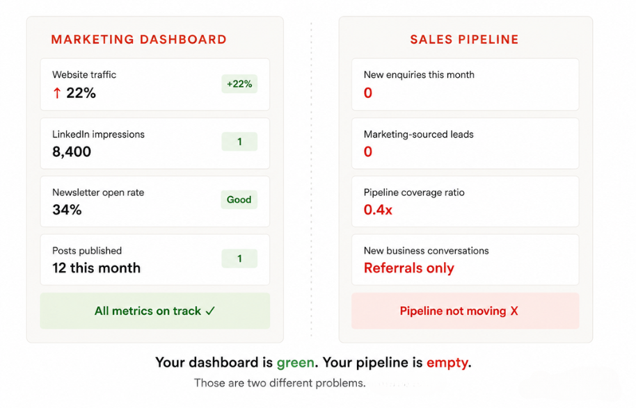 A marketing dashboard with every metric on track beside a sales pipeline with no new enquiries and referrals only