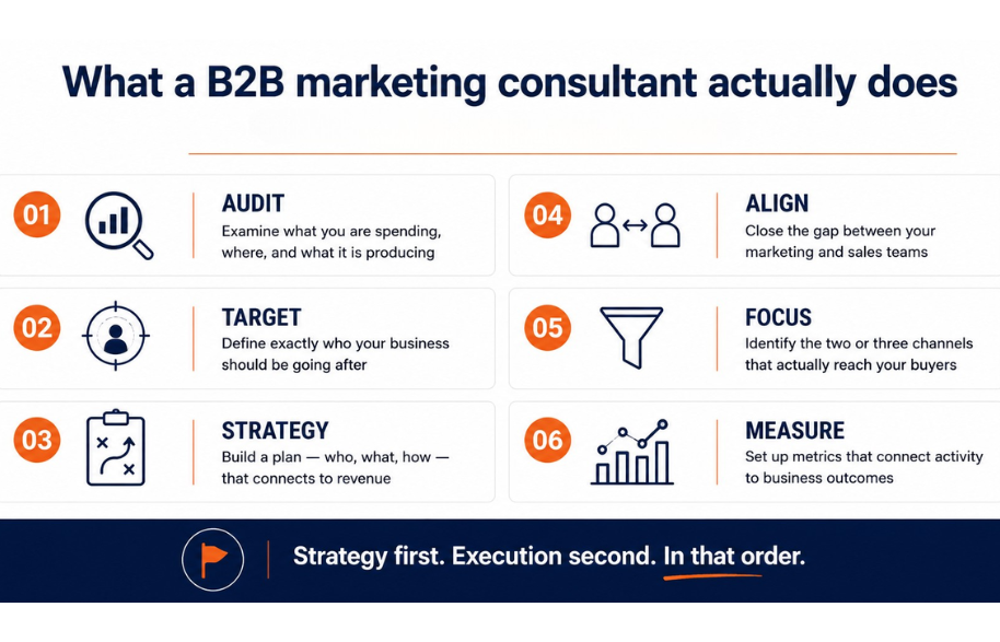 What a B2B marketing consultant does: audit, target, strategy, align, focus and measure, with strategy first and execution second
