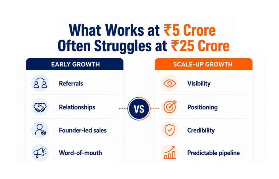 What works at five crore often struggles at twenty-five crore: referrals, relationships and founder-led sales versus visibility, positioning, credibility and a predictable pipeline